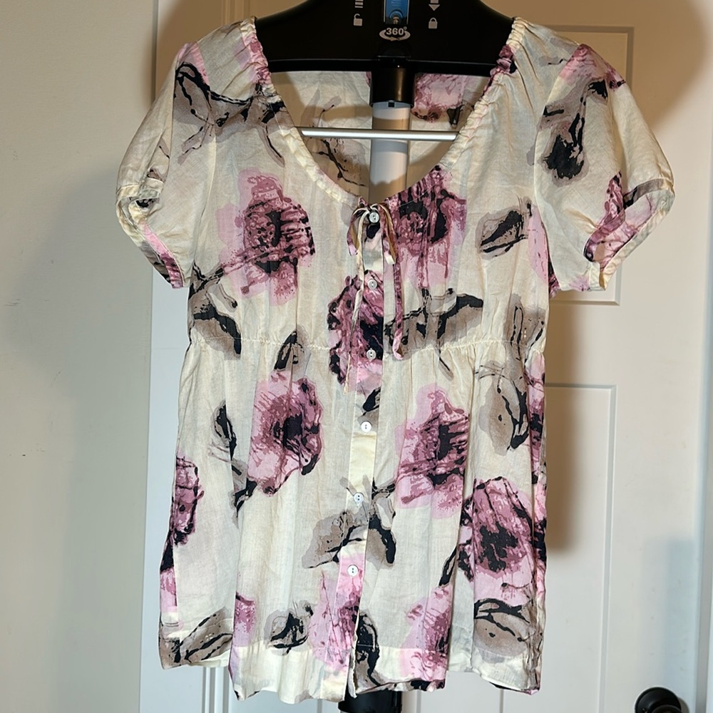 Calvin Klein blouse, sheer fabric with drawstring neckline and button front
